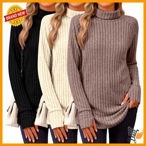 Ribbed Raglan Turtleneck Tunic Sweater Thumbhole Loose Fit Fall Winter Chic